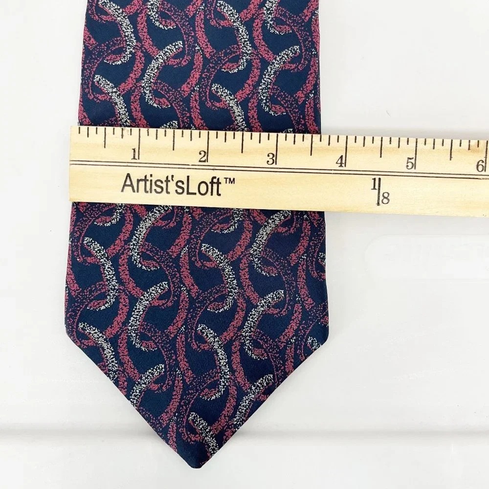 Vintage Oscar de la Renta Navy Blue & Pink Artsy Print Silk Tie Chain Link Print